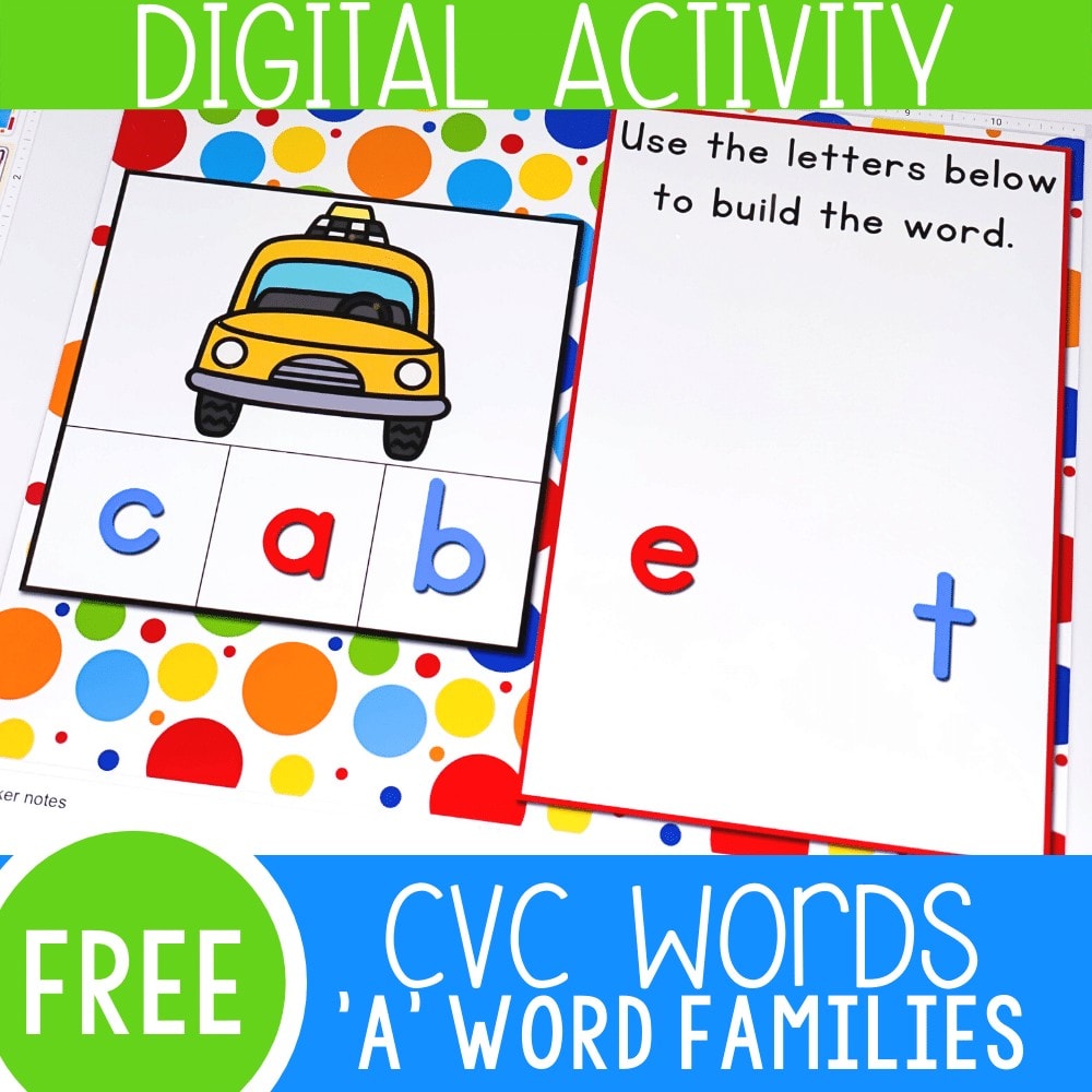 Free Google Slides CVC Word Family Short Vowel 'a' activity for kindergarten. Kids will love building words with this interactive Google Slides literacy activity!
