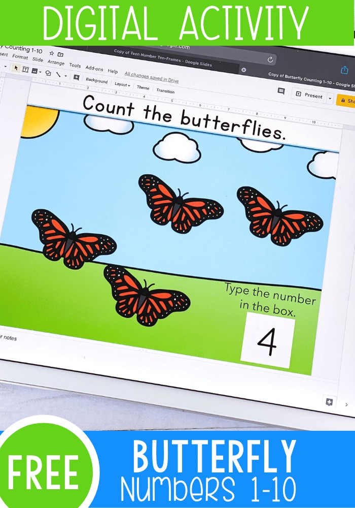 Free Google Slides and Seesaw digital activity for counting with preschoolers, pre-k, and kindergarteners. Practice counting to 10 with a fun spring butterfly theme. Perfect for math centers, distance learning and homeschooling.