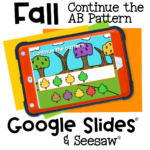 Autumn-themed AB patterning activity using colorful leaves. Kids identify and extend simple AB patterns on Google Slides or with printable cards. Perfect for fall math centers, pattern recognition, and early math skills.