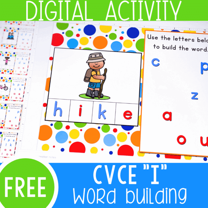 Free Google Slides and Seesaw CVCE word activities for kindergarten literacy centers. Learn to build Magic e words with this simple digital activity. Perfect for kindergarten, distance learning and homeschooling.