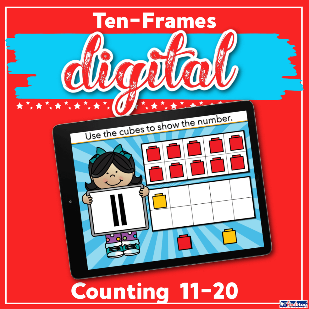 Free teen numbers 11-20 ten frames activity for kindergarten math centers. Use this free Google Slides kindergarten math activity to learn about counting teens.