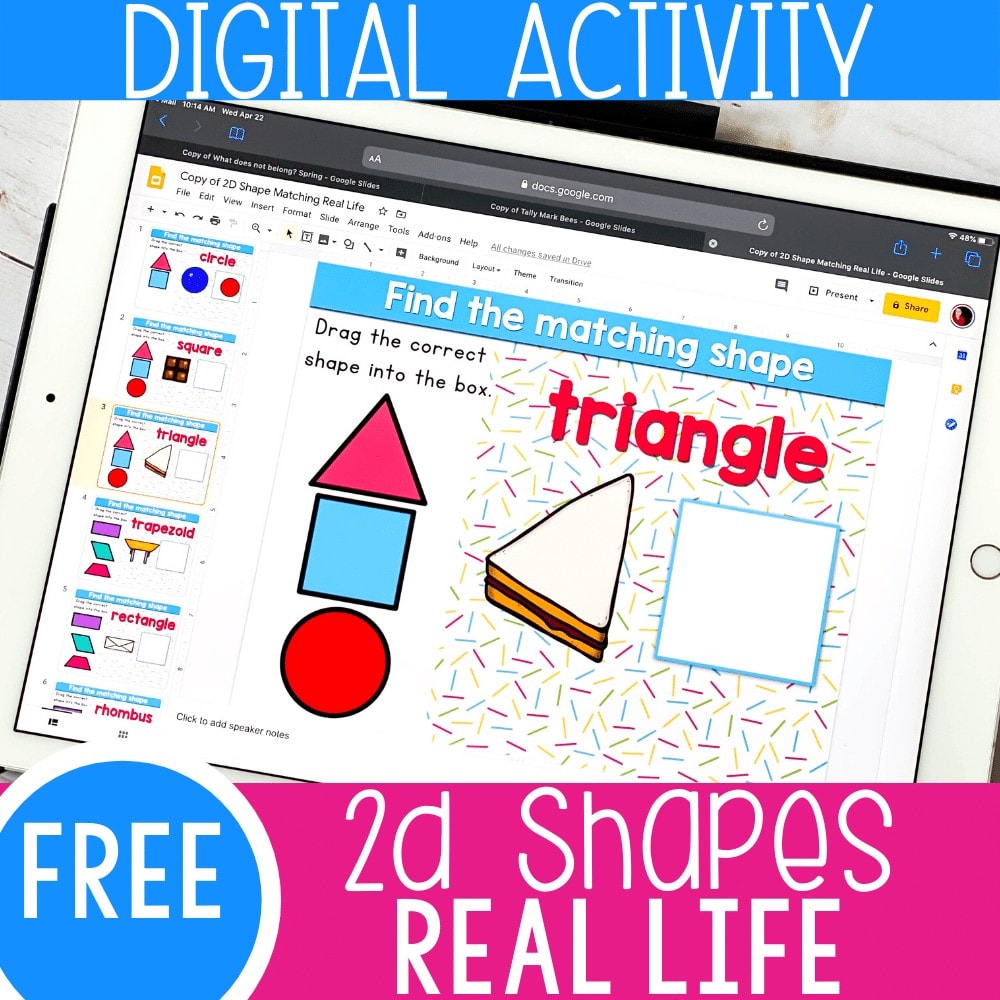 Free kindergarten 2D shapes activity for math centers. Use real life objects to match to shapes on these free Digital Google Slides and Seesaw activities. Perfect for math centers, homeschooling and distance learning.