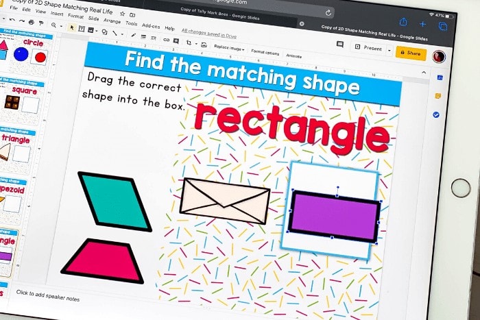 Free kindergarten 2D shapes activity for math centers. Use real life objects to match to shapes on these free Digital Google Slides and Seesaw activities. Perfect for math centers, homeschooling and distance learning.