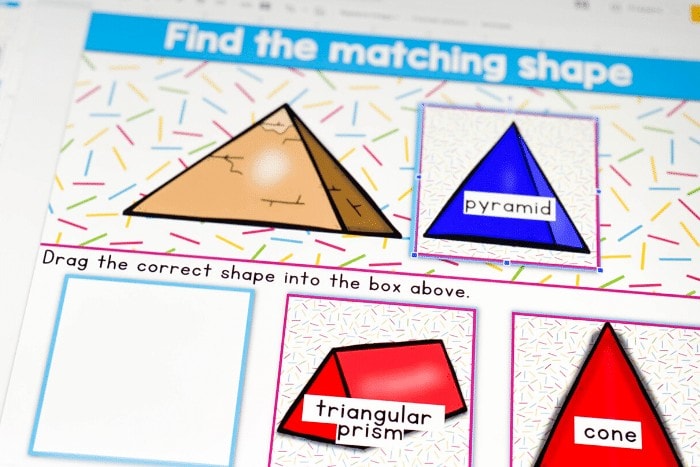 Free 3D Shapes Activity for Matching Real life 3D shapes using this digital Google Slides and Seesaw math activity for kindergarten.