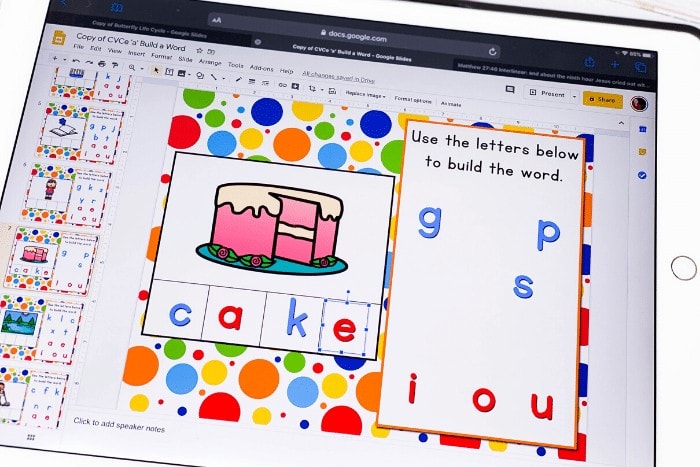 Free Google Slides and Seesaw digital activity for CVCe word building for the 'a' word family. Learn about Magic e through technology by using this fun digital literacy activity for kindergarten. Perfect for literacy centers, distance learning and homeschool.