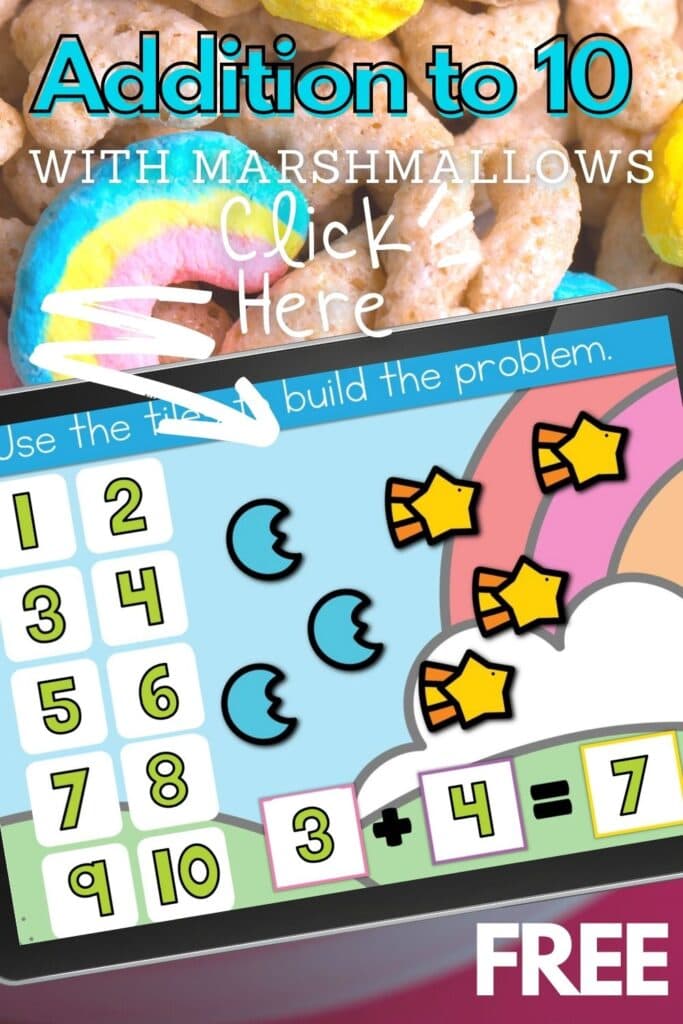 Teaching kindergarten math addition to 10 using digital marshmallow cereal for St. Patricks Day