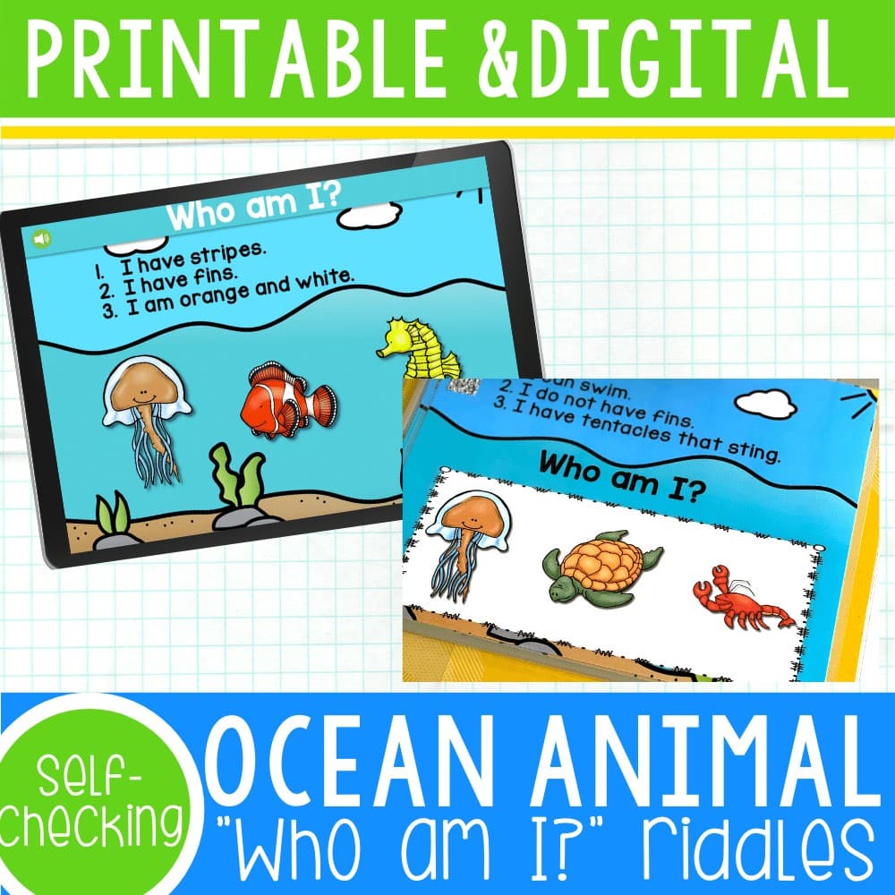 Free printable and digital ocean animal riddles for preschool. These "Who am I?" riddles will help kids identify colors, characteristics, and differentiating qualities for ocean animals. The digital ocean animal riddles are self-checking and have audio to help preschoolers learn independently. The printable riddles have QR codes for the preschoolers to hear the clues.
