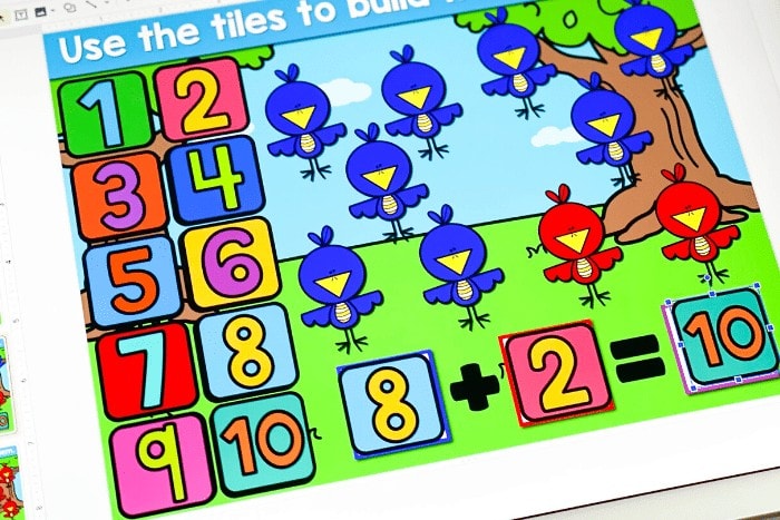 Free addition to 10 kindergarten math activity. Build addition fluency with this fun addition to 10 digital Google slides and seesaw activity.