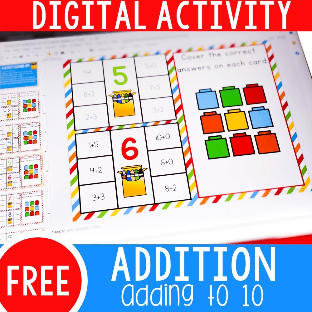 Free Google Slides Addition to 10 kindergarten math activity. Use Google Slides to practice addition to 10 at home or at school with this free activity!