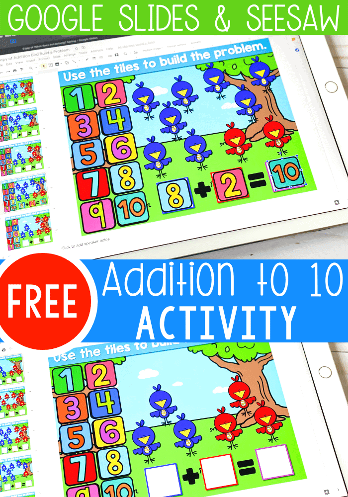 Free addition to 10 kindergarten math activity. Build addition fluency with this fun addition to 10 digital Google slides and seesaw activity.