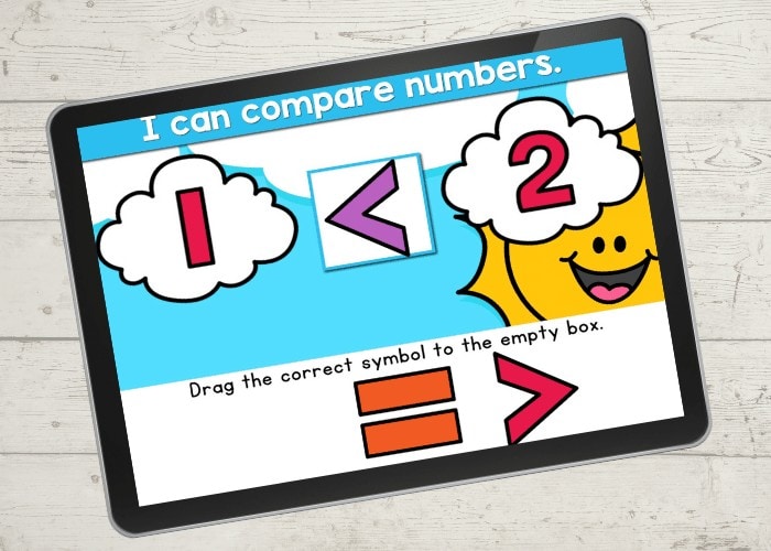 Free greater than less than activity for kindergarten comparing numbers 1-10. Use these Google Slides and Seesaw activities to learn about greater than less than signs. Upgrade to the self-checking Boom Cards™ to make the activity even more engaging.