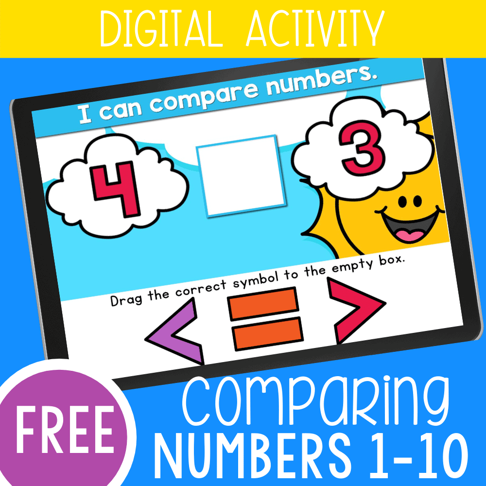 Free greater than less than activity for kindergarten comparing numbers 1-10. Use these Google Slides and Seesaw activities to learn about greater than less than signs. Upgrade to the self-checking Boom Cards™ to make the activity even more engaging.