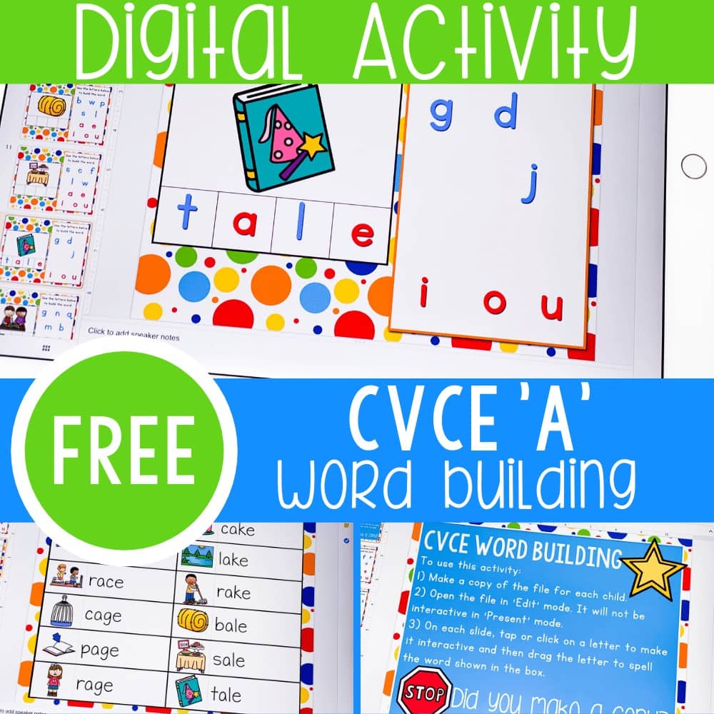Free Google Slides and Seesaw digital activity for CVCe word building for the 'a' word family. Learn about Magic e through technology by using this fun digital literacy activity for kindergarten. Perfect for literacy centers, distance learning and homeschool.