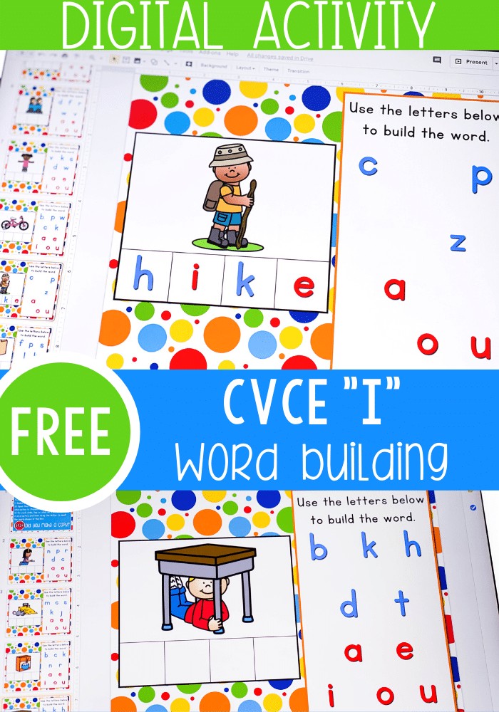 Free Google Slides and Seesaw CVCE word activities for kindergarten literacy centers. Learn to build Magic e words with this simple digital activity. Perfect for kindergarten, distance learning and homeschooling.