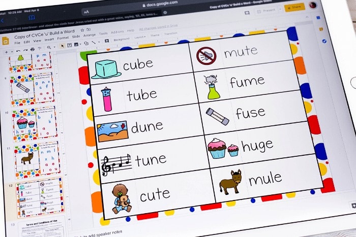 Free Long U CVCE words activities for kindergarten. Use Google Slides and Seesaw activities to engage your kids in learning to read in your kindergarten math centers, distance learning and homeschool.