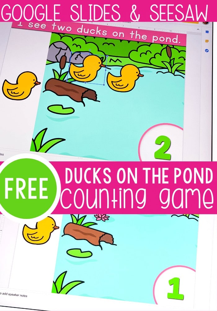 Free duck counting activity for preschool. Practice counting to 10 with this fun free digital activity for Google Slides and Seesaw. Perfect for preschool math centers, homeschooling and distance learning.