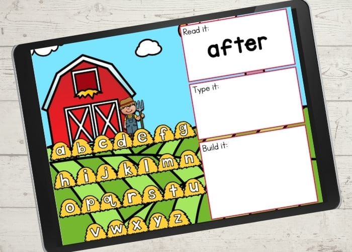 The slide for the word "after" from the digital farm theme first grade sight word activities.