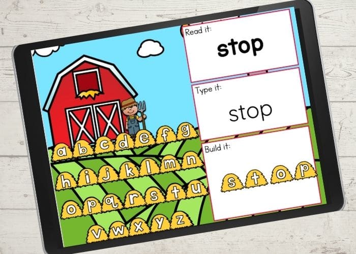 The slide for the word "stop" from the digital farm theme first grade sight word activities.