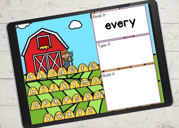 The slide for the word "every" from the digital farm theme first grade sight word activities.