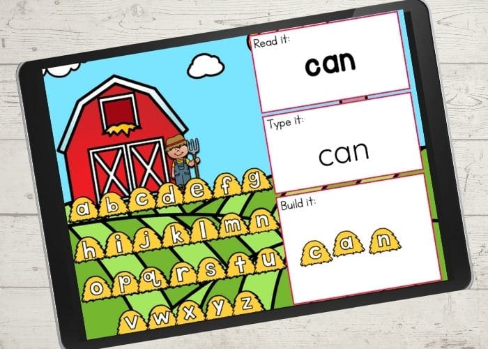 The slide for the word "can" from the digital farm theme preschool sight word activities.