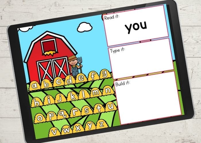 The slide for the word "you" from the digital farm theme preschool sight word activities.