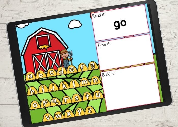 The slide for the word "go" from the digital farm theme preschool sight word activities.