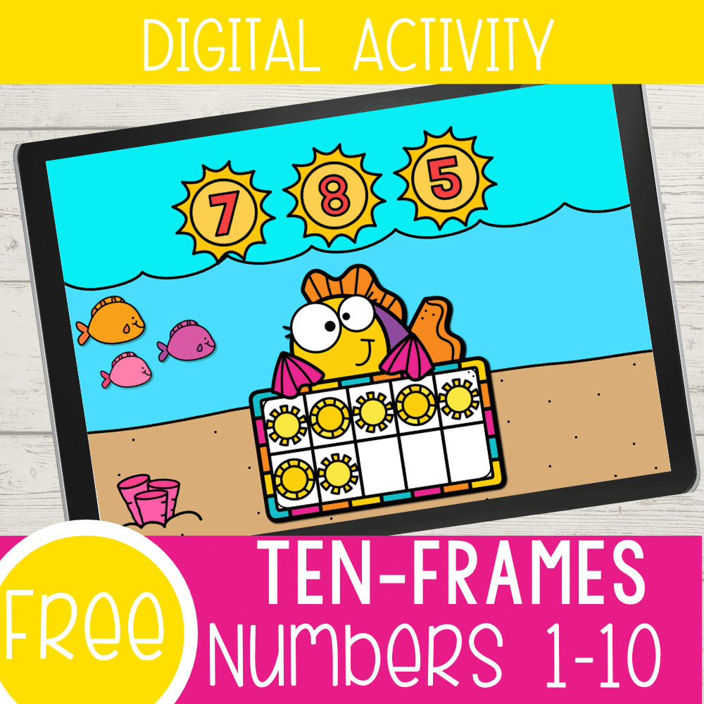 This free digital ten-frames counting activity for kindergarten and preschool is a great way to work on counting 1-10 with your kids! They will love the fish and ocean theme while working on their math skills. Google Slides and Seesaw formats are included.