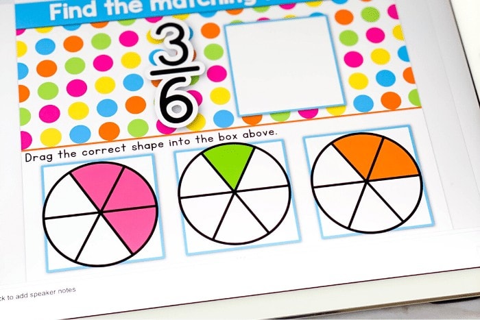 Free fraction activity for first grade and kindergarten math centers. Use this free digital Google slides and Seesaw activity to identify fractions.
