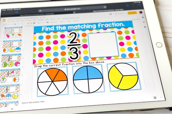 Free fraction activity for first grade and kindergarten math centers. Use this free digital Google slides and Seesaw activity to identify fractions.