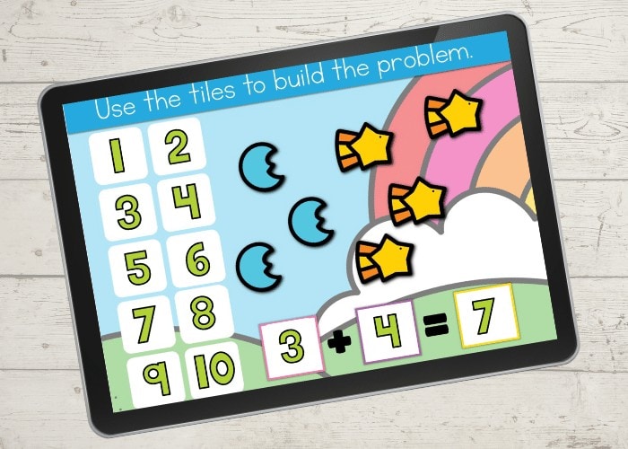 Lucky Marshmallow Cereal theme addition for kindergarten addition to 10 screen shows 3 moon marshmallows plus 4 star marshmallows