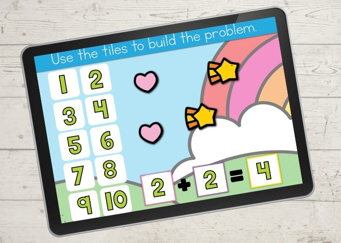 Google Slides and Seesaw Digital addition for kindergarten screen shows marshmallow addition problem 2+2