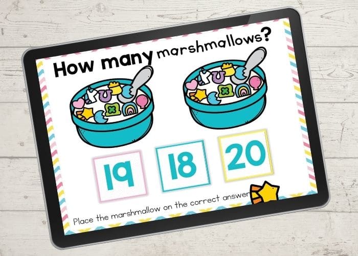 The slide for the number "20" from the Marshmallow Cereal Digital Counting Activity for Numbers 11-20.