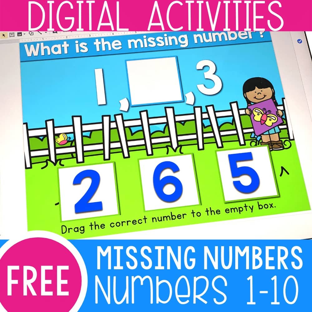 Free missing numbers activity for kindergarten. Missing numbers for 1-10 digital activity for Google Slides and Seesaw. Perfect kindergarten math centers, homeschooling and distance learning.