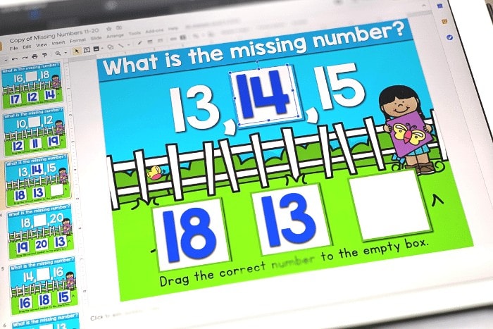 Free kindergarten missing numbers activity for numbers 11-20. Practice missing teen numbers with these free digital activities for Google Slides and Seesaw.