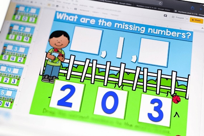 Free missing numbers activity for kindergarten. Work on missing numbers for 1-10 with this free Google Slides and Seesaw math activity for kindergarten.
