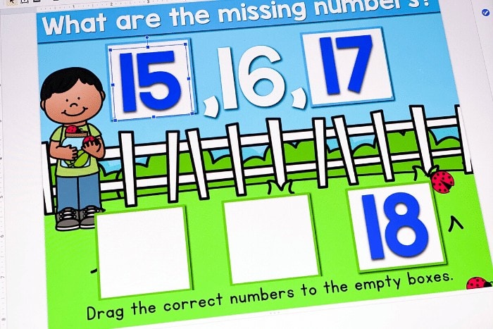 Free Digital Activity for practicing missing numbers in kindergarten math centers.