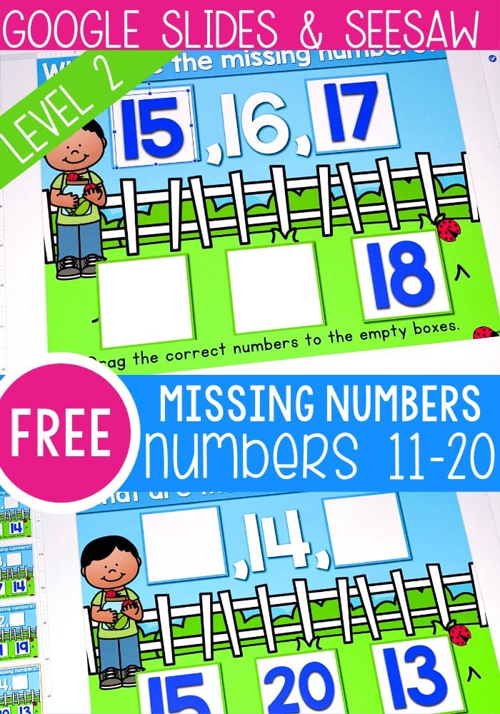 Free kindergarten missing numbers activity for numbers 11-20. Practice missing teen numbers with these free digital activities for Google Slides and Seesaw.