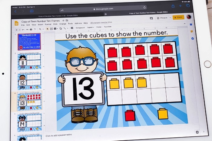 Free teen numbers 11-20 ten frames activity for kindergarten math centers. Use this free Google Slides kindergarten math activity to learn about counting teens.