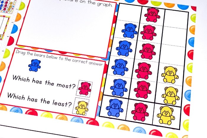 Free rainbow bear themed graphing activity for kindergarten. Learn about counting and picture graphs with these simple Google Slides kindergarten graphing pages.