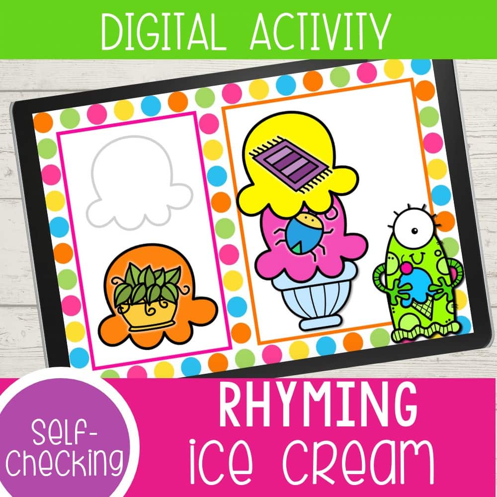 This free digital ice cream rhyming words activity for kindergarten is a great way to practice rhyming with your kids. Kids will love adding scoops of ice cream to create rhyming words! Available in Google Slides, Seesaw and an upgrade for Boom Cards there are so many options to use this engaging rhyming activity!