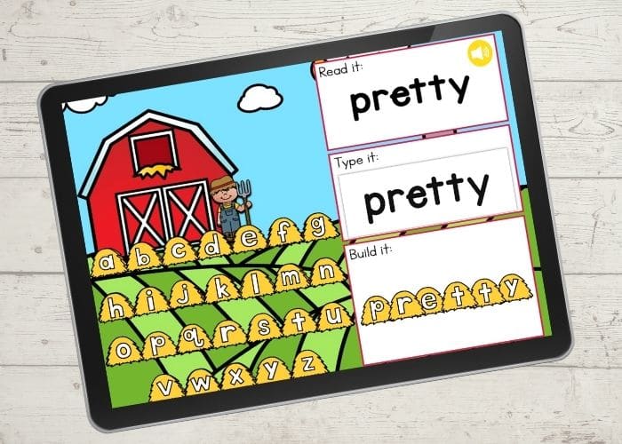 The slide for the word "pretty" from the digital farm theme kindergarten sight word activities.