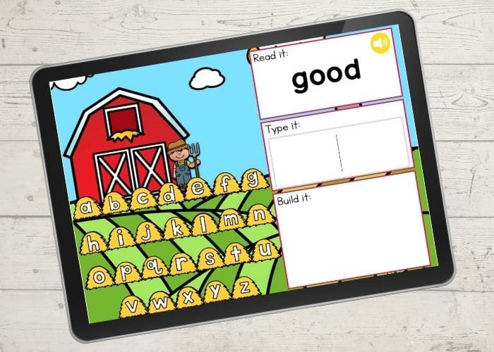 The slide for the word "good" from the digital farm theme kindergarten sight word activities.