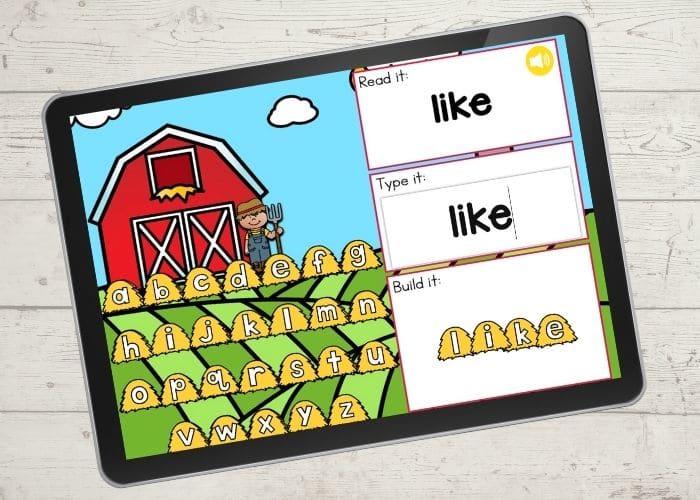 The slide for the word "like" from the digital farm theme kindergarten sight word activities.