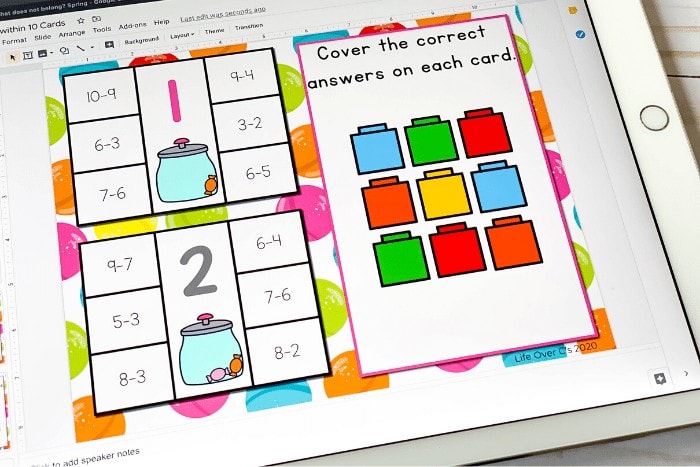 Free subtraction within 10 math activity for kindergarten math centers, homeschooling and distance learning. Use this digital Google slides and Seesaw activity to build subtraction fluency.