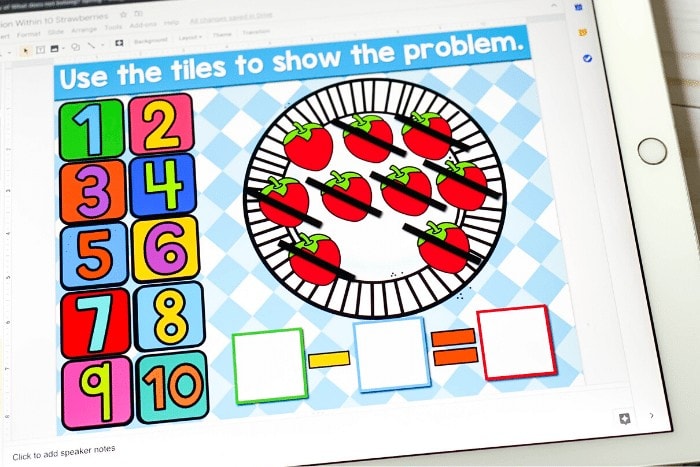 Free subtraction within 10 activity for kindergarten math centers. Use the number tiles on this free digital Google Slides and Seesaw activity to build subtraction problems with a fun spring strawberry theme.