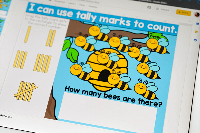 Free tally marks activities for first grade. Use these fun, bee theme tally marks Google Slides and Seesaw digital activities.