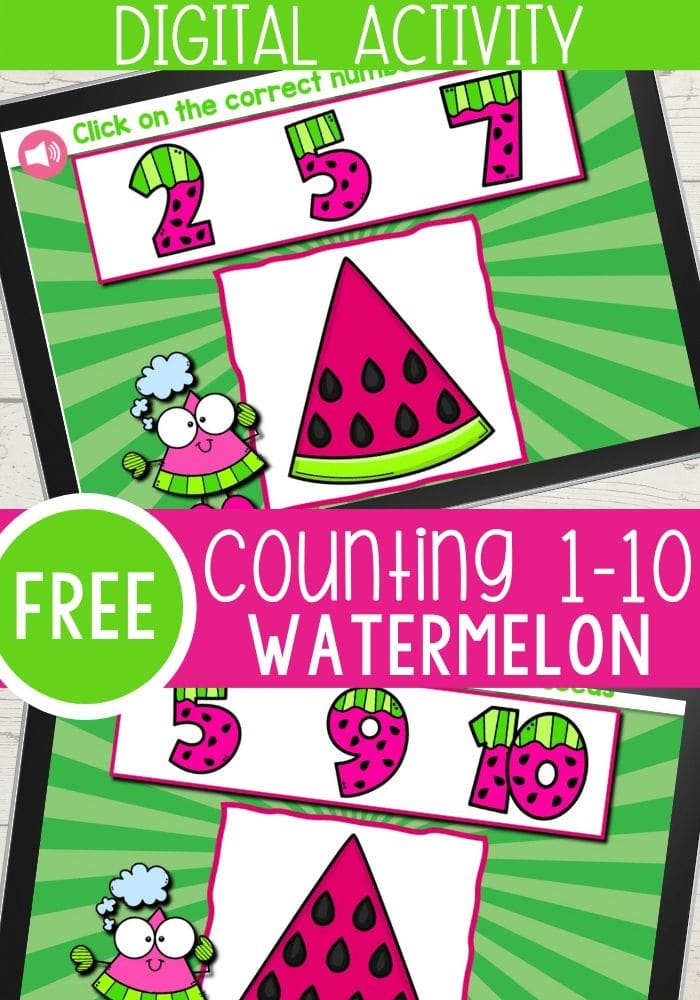 Free printable Watermelon seeds digital counting activity for preschoolers and kindergarteners to practice counting skills this summer. Use Google Slides or Seesaw to practice counting skills.