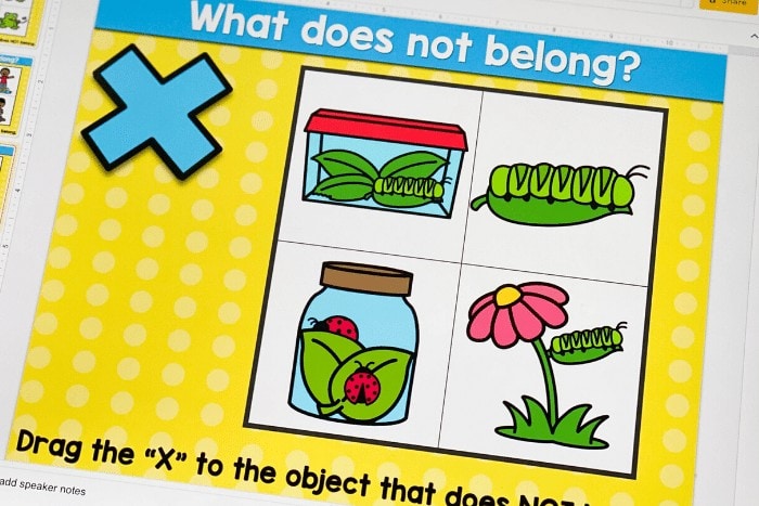 Free visual discrimination "What does not belong?" activity for kindergarten and preschool. Kids will choose the spring theme picture that does not match in this fun Google Slides and Seesaw digital activity for kindergarten.