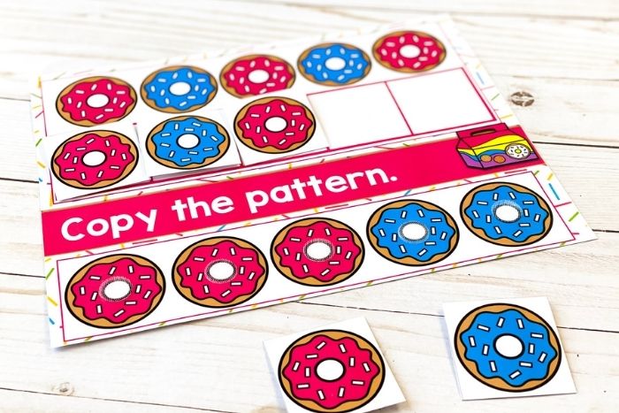 Close up of the printed Donut Theme Copy AB Pattern Activity for the pattern red-blue.