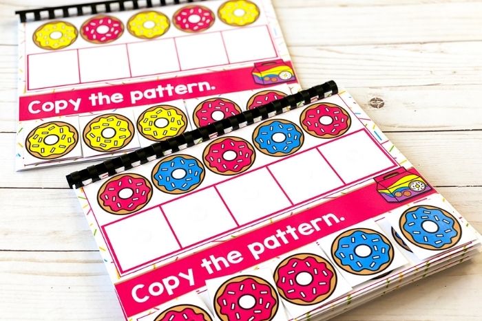 Close up of the printed and bound Donut Theme Copy AB Pattern Activity for Preschool.